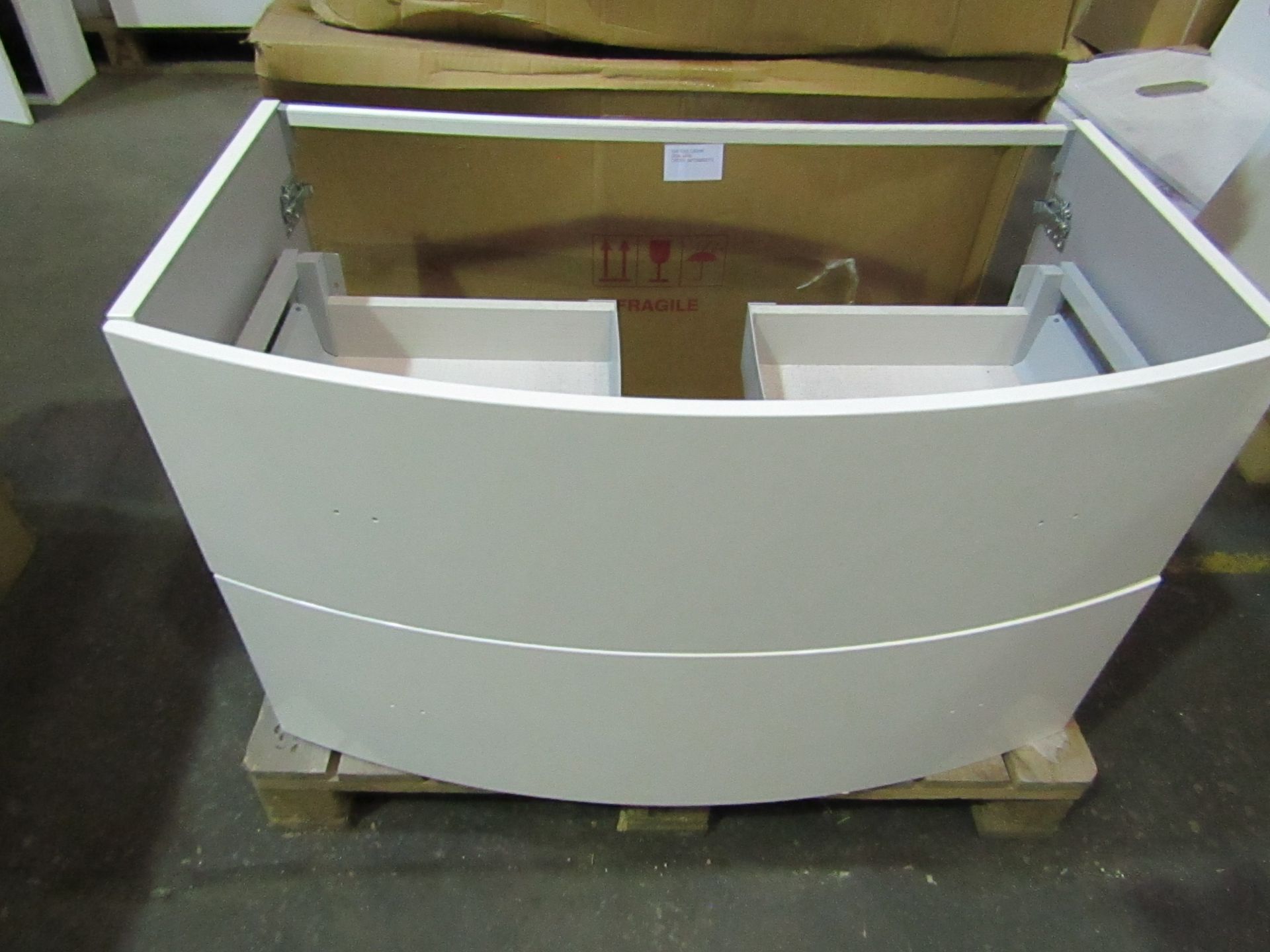 Vue - Gloss White 90cm Curved Vanity Cabinet - Item Looks In Good Condition, May Need Screws