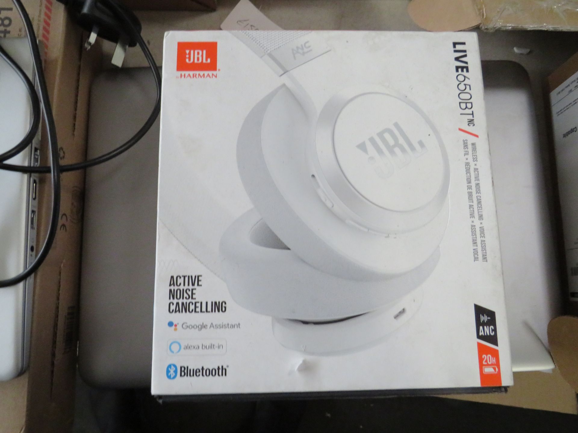 JBL Live 650BT noise cancelling headset, boxed and tested working for sound via bluetooth.