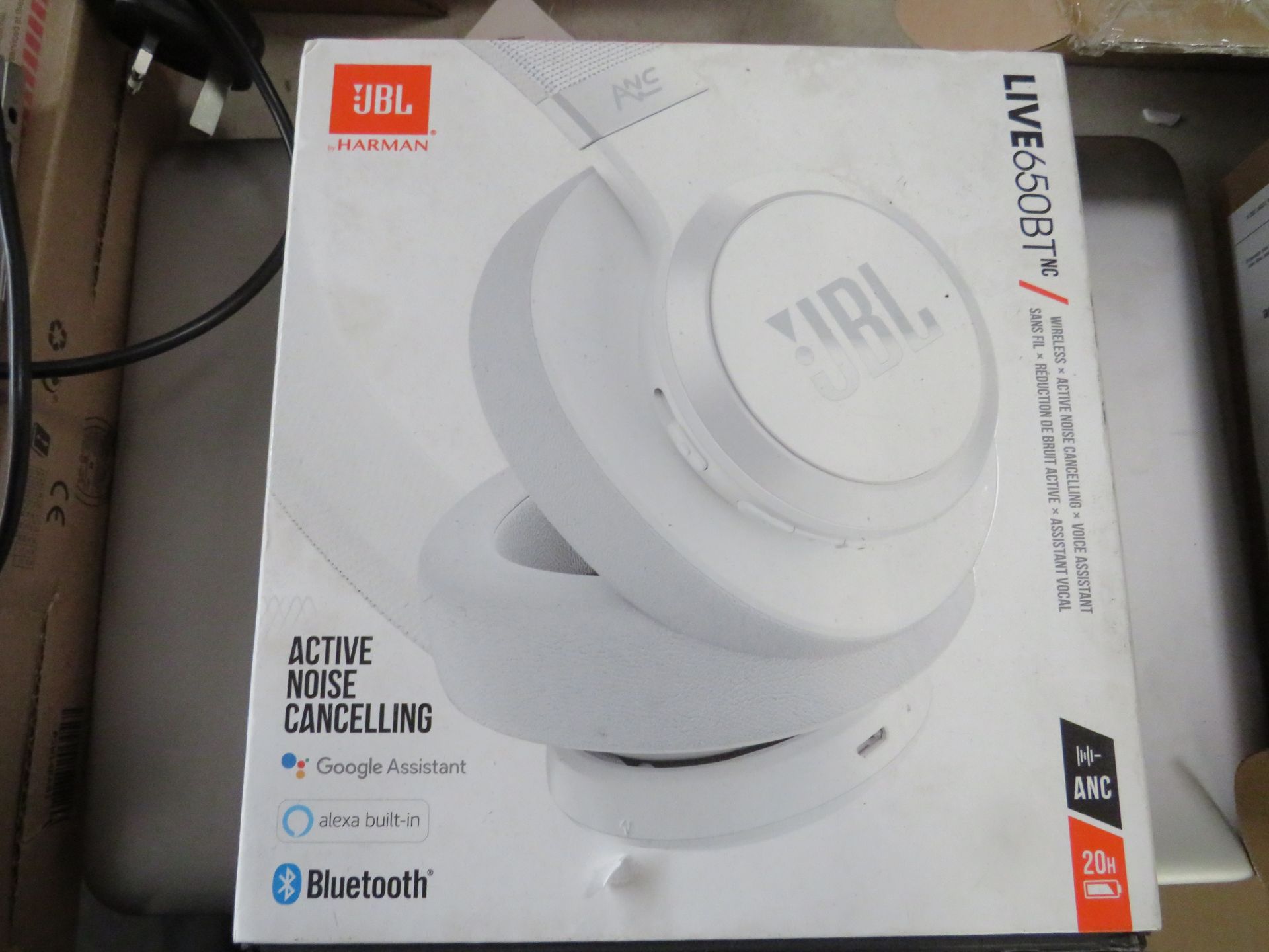 JBL Live 650BT noise cancelling headset, boxed and tested working for sound via bluetooth.