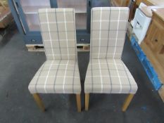 Oak Furnitureland Scroll Back Chair in Checked Mull Latte Fabric with Solid Oak Legs x2 RRP Â£180.00