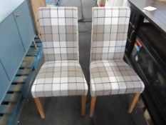 Oak Furnitureland Scroll Back Chair in Checked Brown Fabric with Solid Oak Legs x2 RRP Â£280.00 (SKU