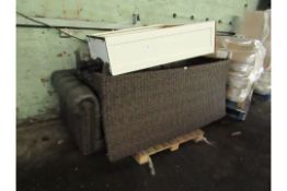 Pallet containing a leather sofa (missing cushions), Ratan sofa and a dresser top. see image