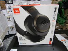 JBL Live 650BT noise cancelling headset, boxed and tested working for sound via bluetooth.