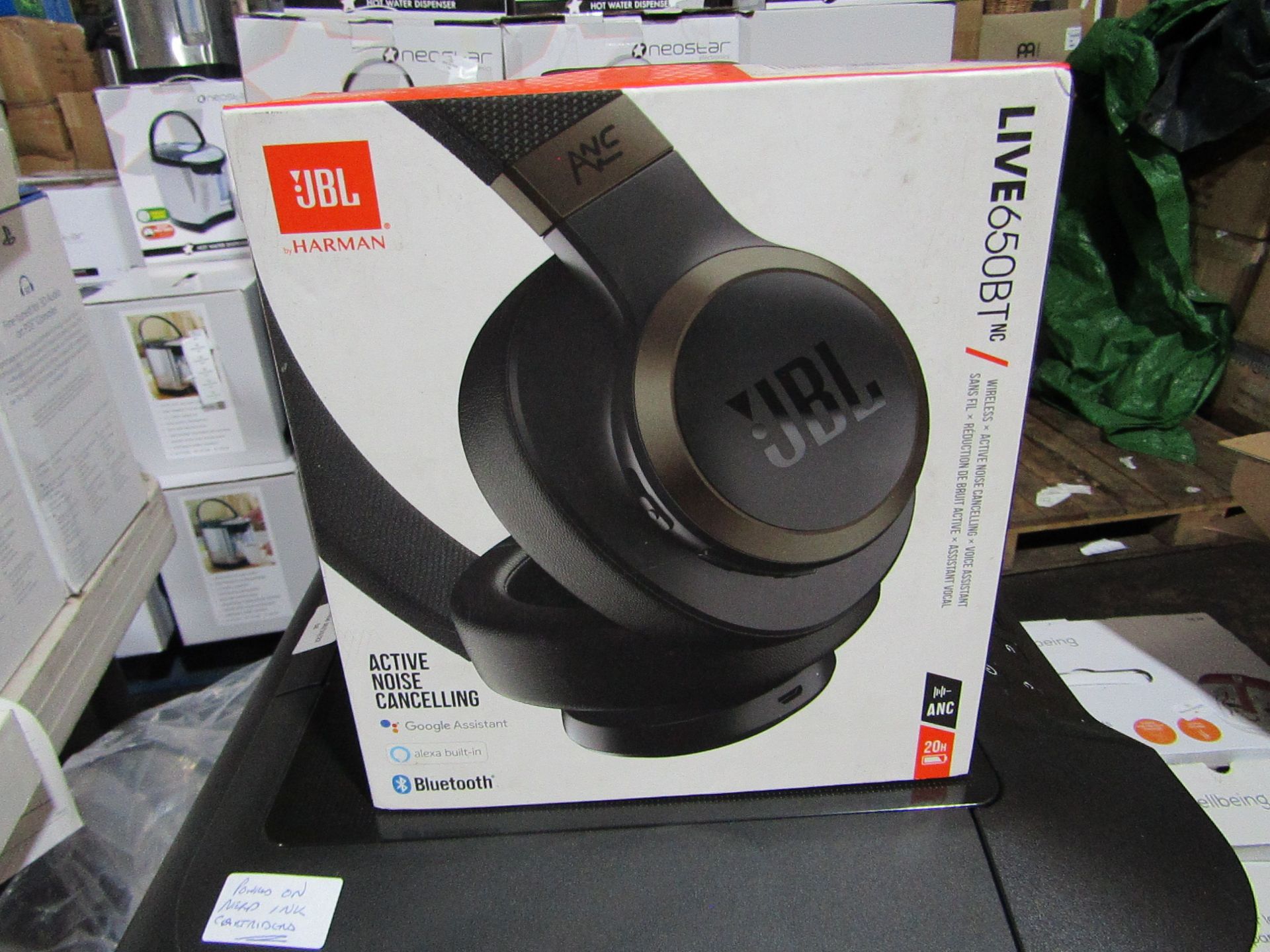 JBL Live 650BT noise cancelling headset, boxed and tested working for sound via bluetooth.