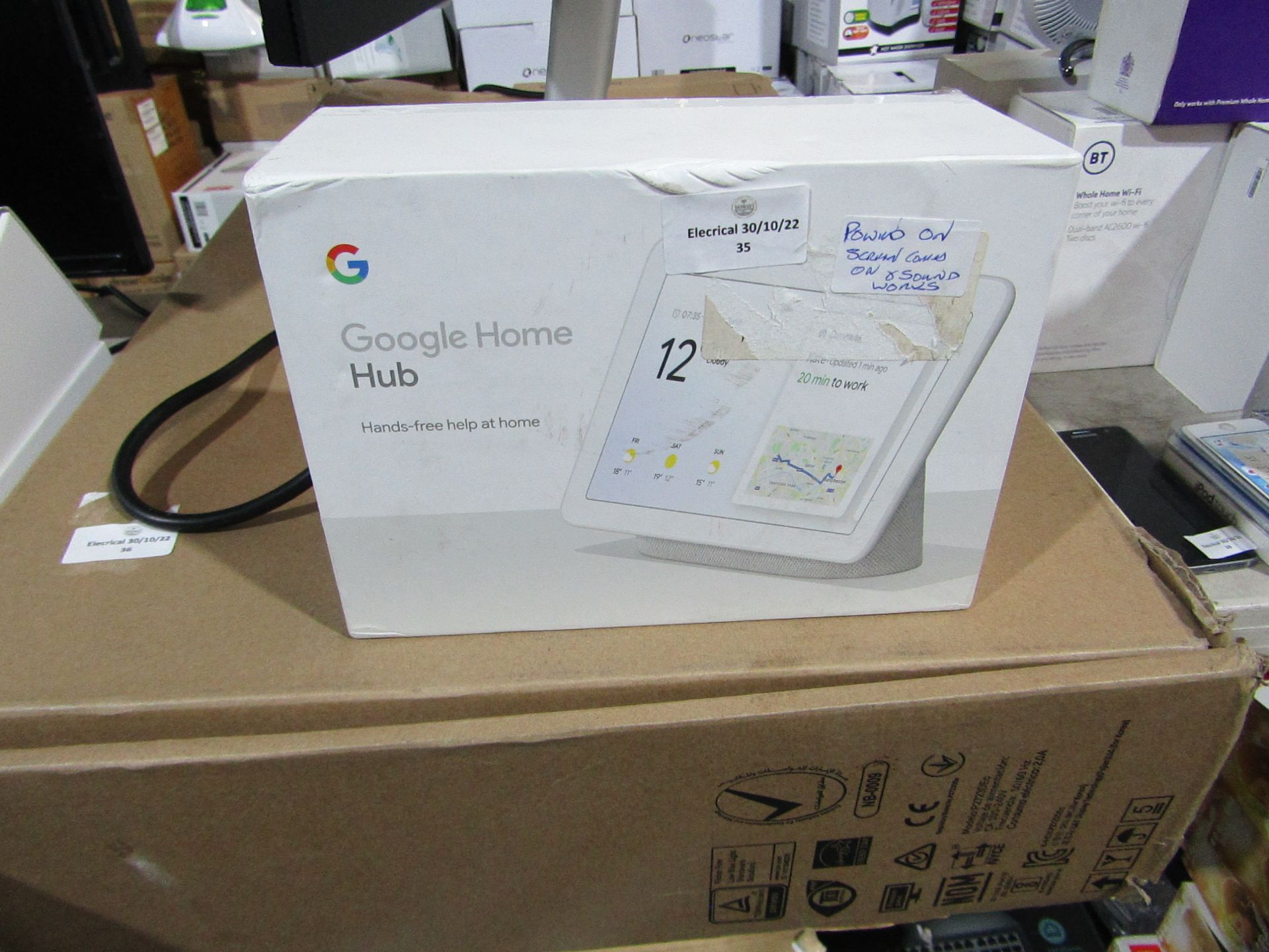 Google Home Hub Chalk in orginal box powers on screen comes on and soundsworks