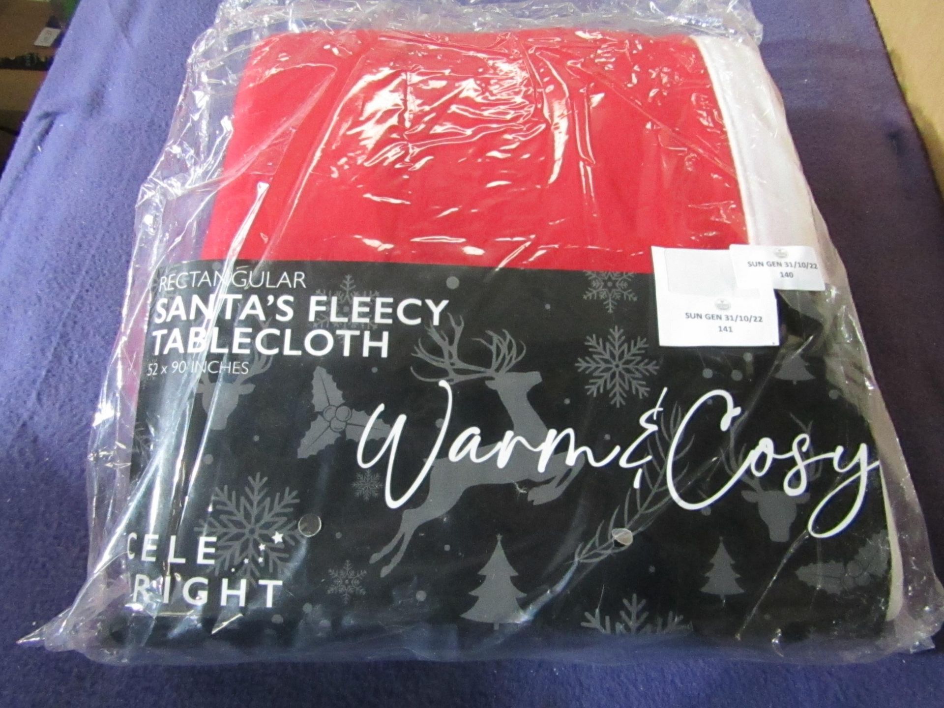 Celebright - Rectangular Santa's Fleecy Tablecloth - 52x90" - Unused & Packaged.