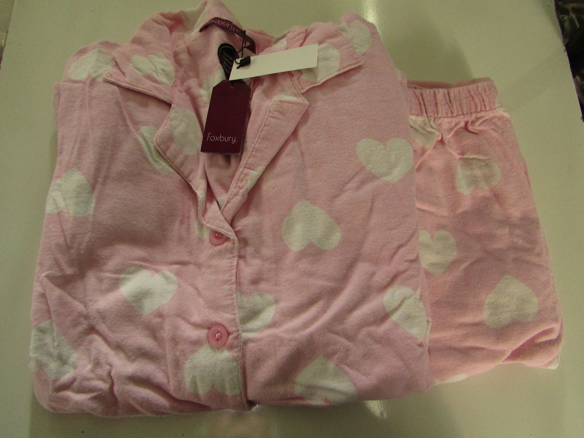 Foxbury Ladies Heart Print Brushed Cotton Button Through Pyjamas Pink With Gift Bag Size 20-22 New &