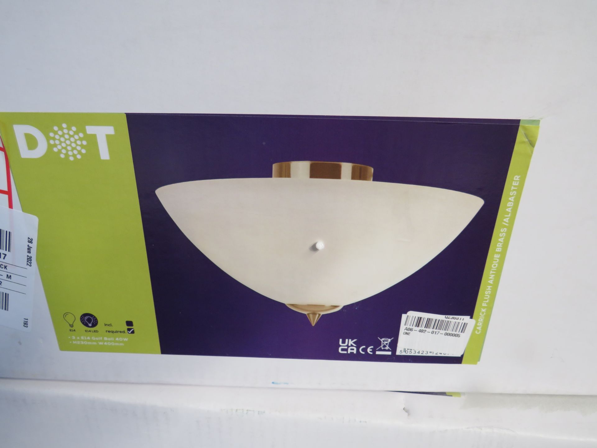 Searchlight Carrick Ceiling Flush Pendant Antique Brass and Alabaster RRP £38.00 With an antiques