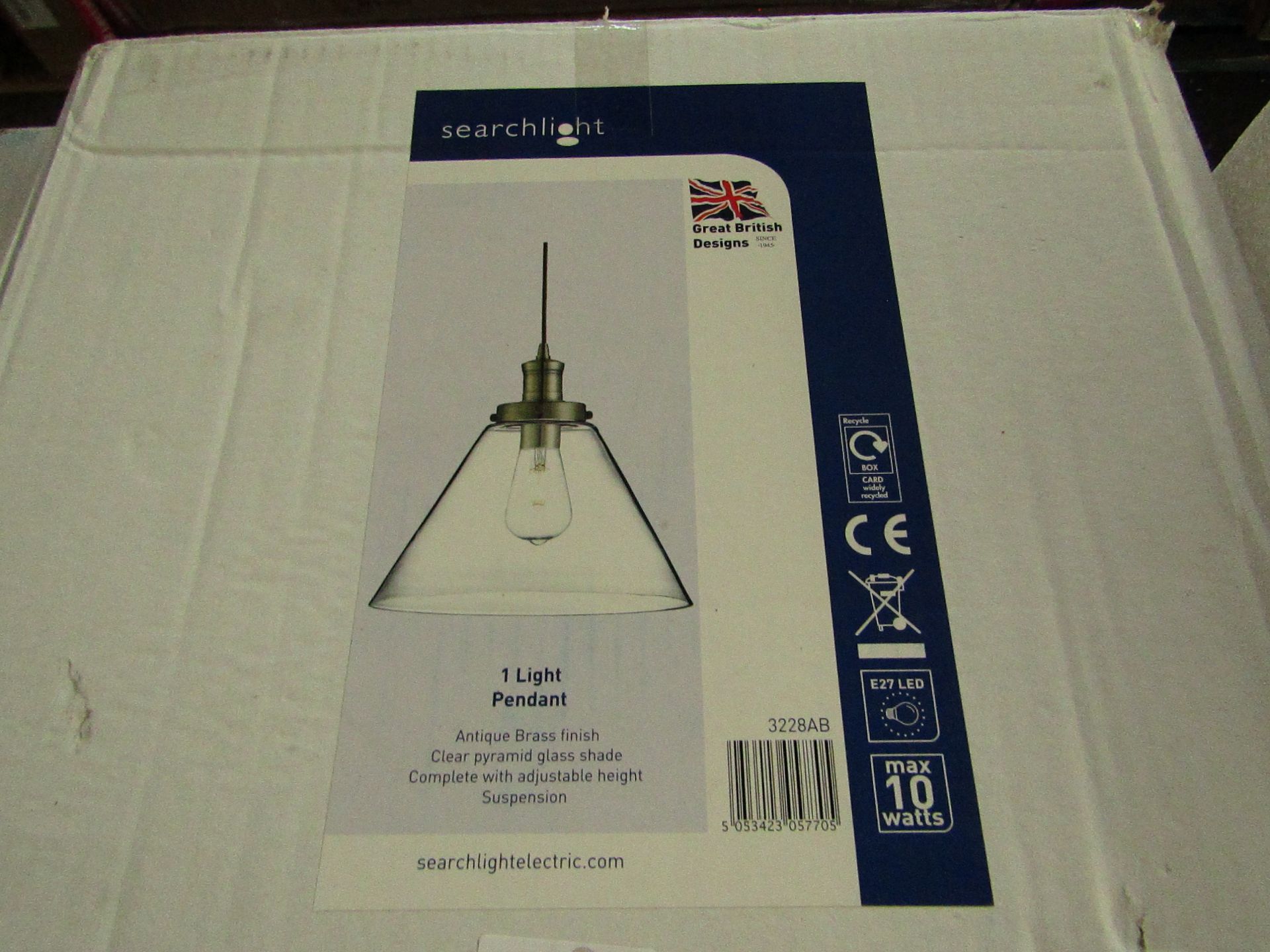 Searchlight Pyramid 1lt Pendant Antique Brass Clear Pyramid Glass Shade RRP £82.00 This single - Image 3 of 3