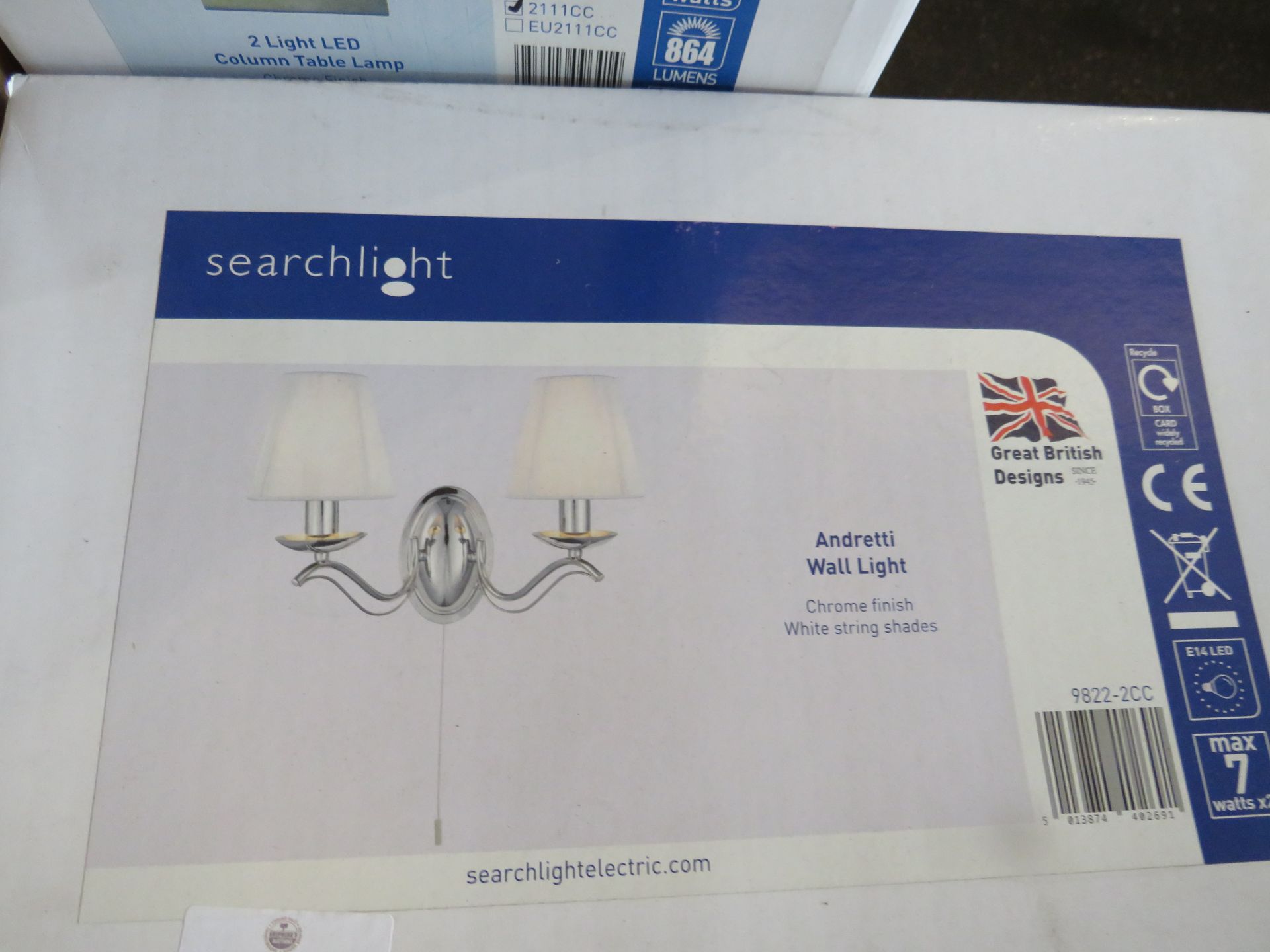 Searchlight Andretti - 2lt Wall Bracket Chrome White String Shades RRP “?40.00 - This lot contains