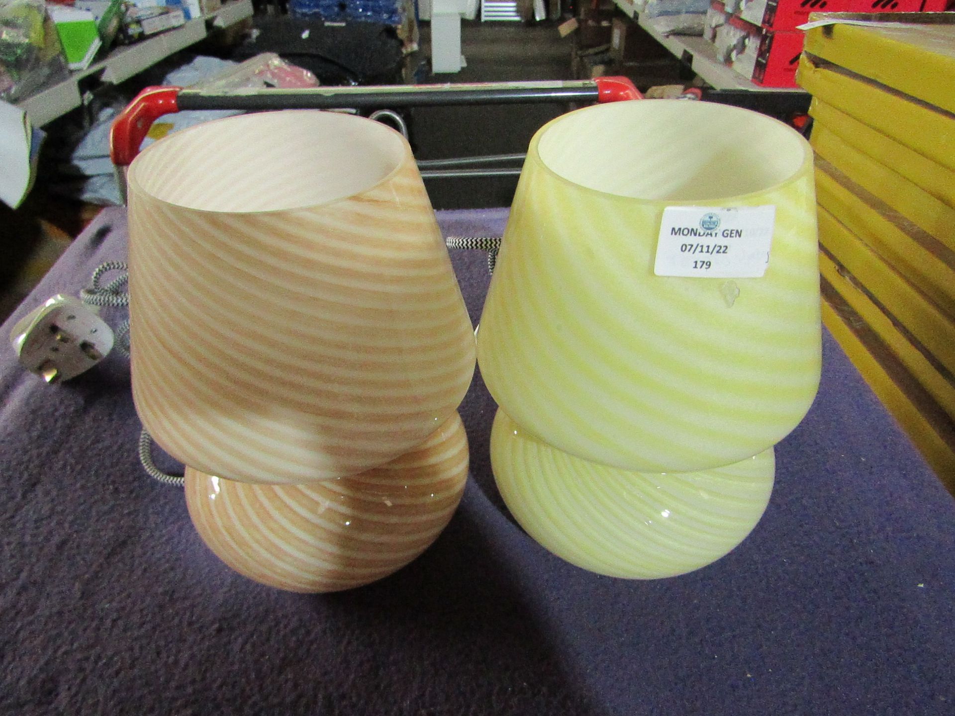 1x Small Orange Glass Bedside Lamp - Please See Image For Design - No Box. 1x Small Yellow Glass