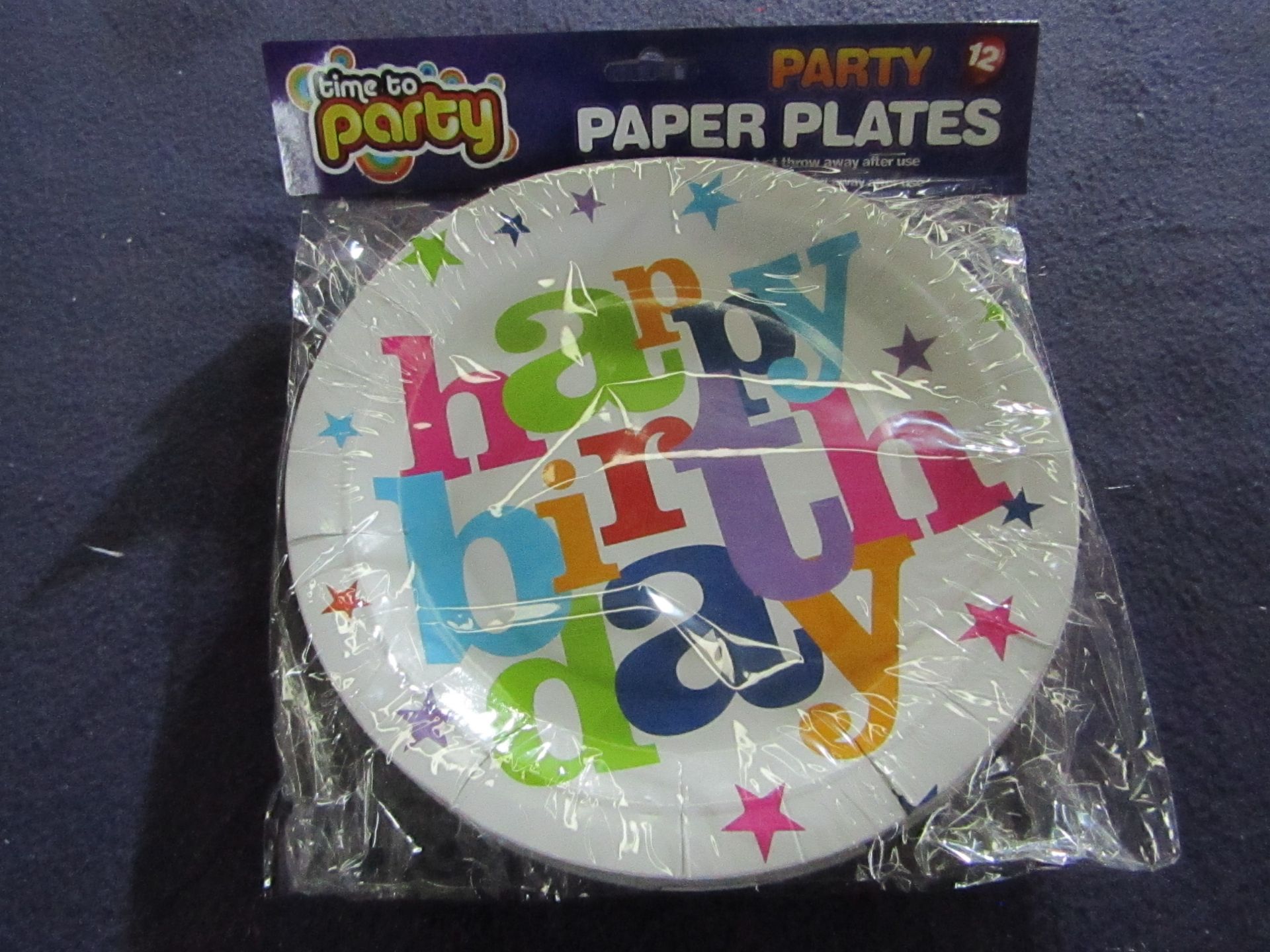 24x Time To Party - Set of 12 Happy Birthday Paper Plates - All Unused & Packaged.