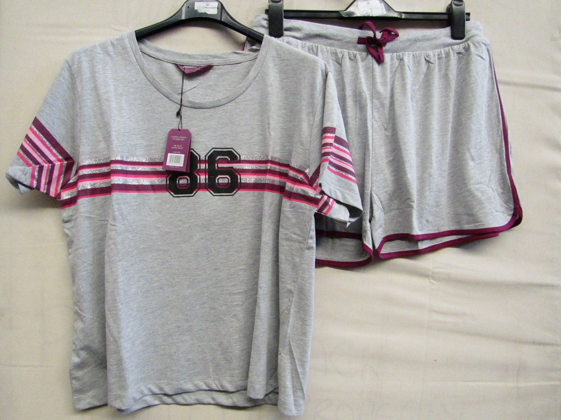 Foxbury Ladies Varsity Pyjama Short Set Grey/Pink/Black Size 16-18 New & Packaged