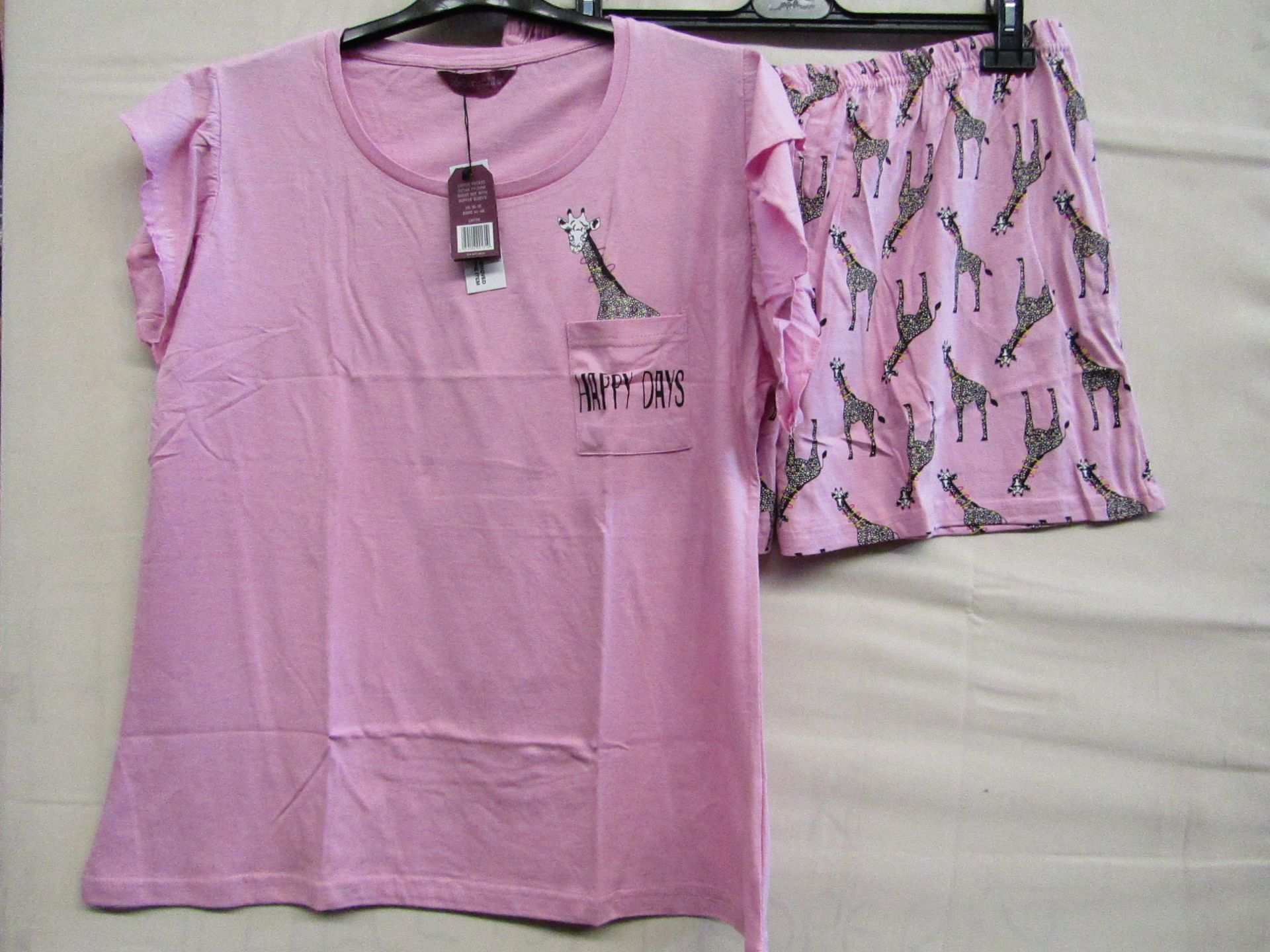 Foxbury Ladies Pocket Detailed Pyjama Short Set With Ruffle Short Sleeve Pink Size 16-18 New &