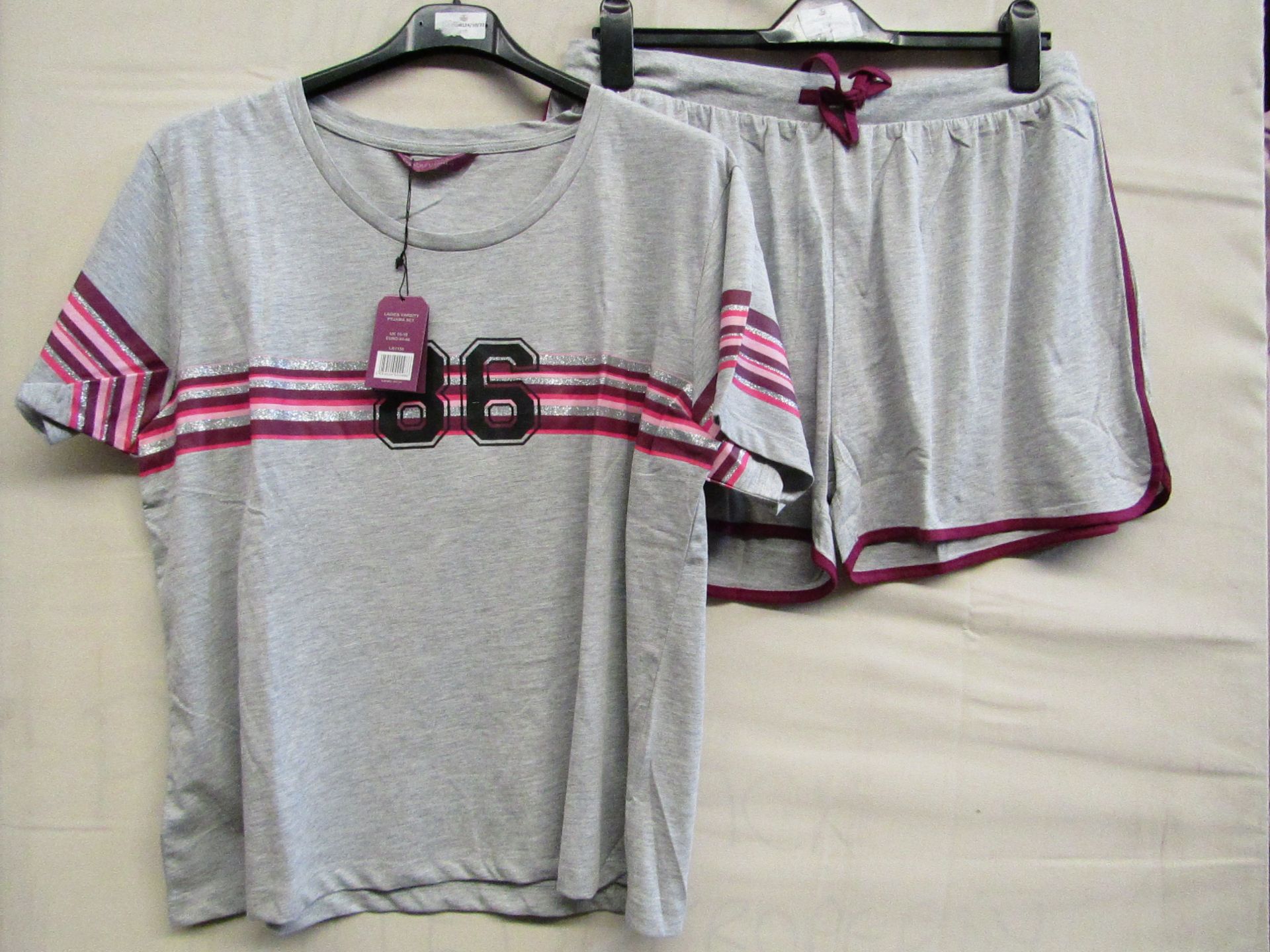 Foxbury Ladies Varsity Pyjama Short Set Grey/Pink/Black Size 12-14 New & Packaged