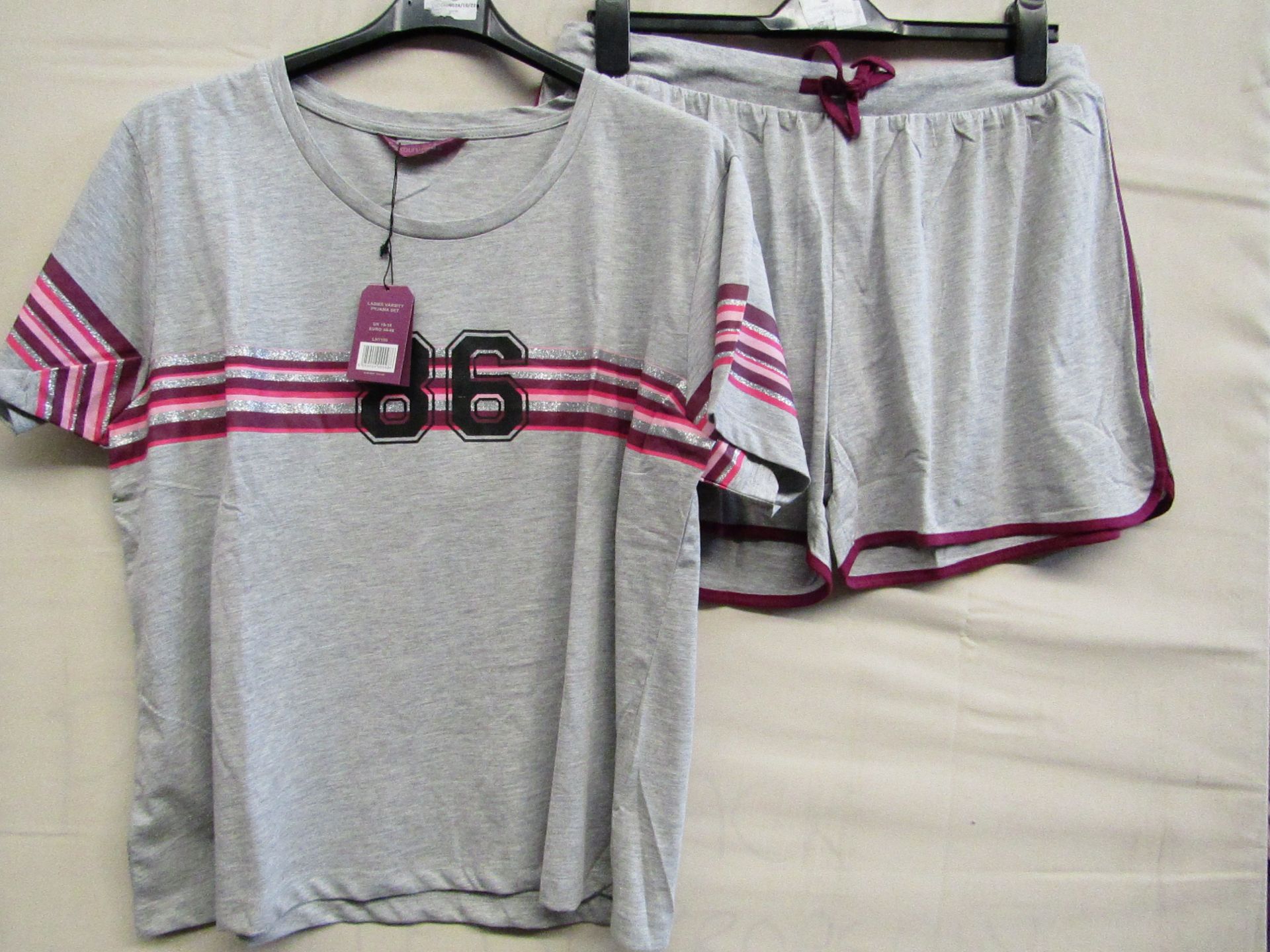 Foxbury Ladies Varsity Pyjama Short Set Grey/Pink/Black Size 16-18 New & Packaged