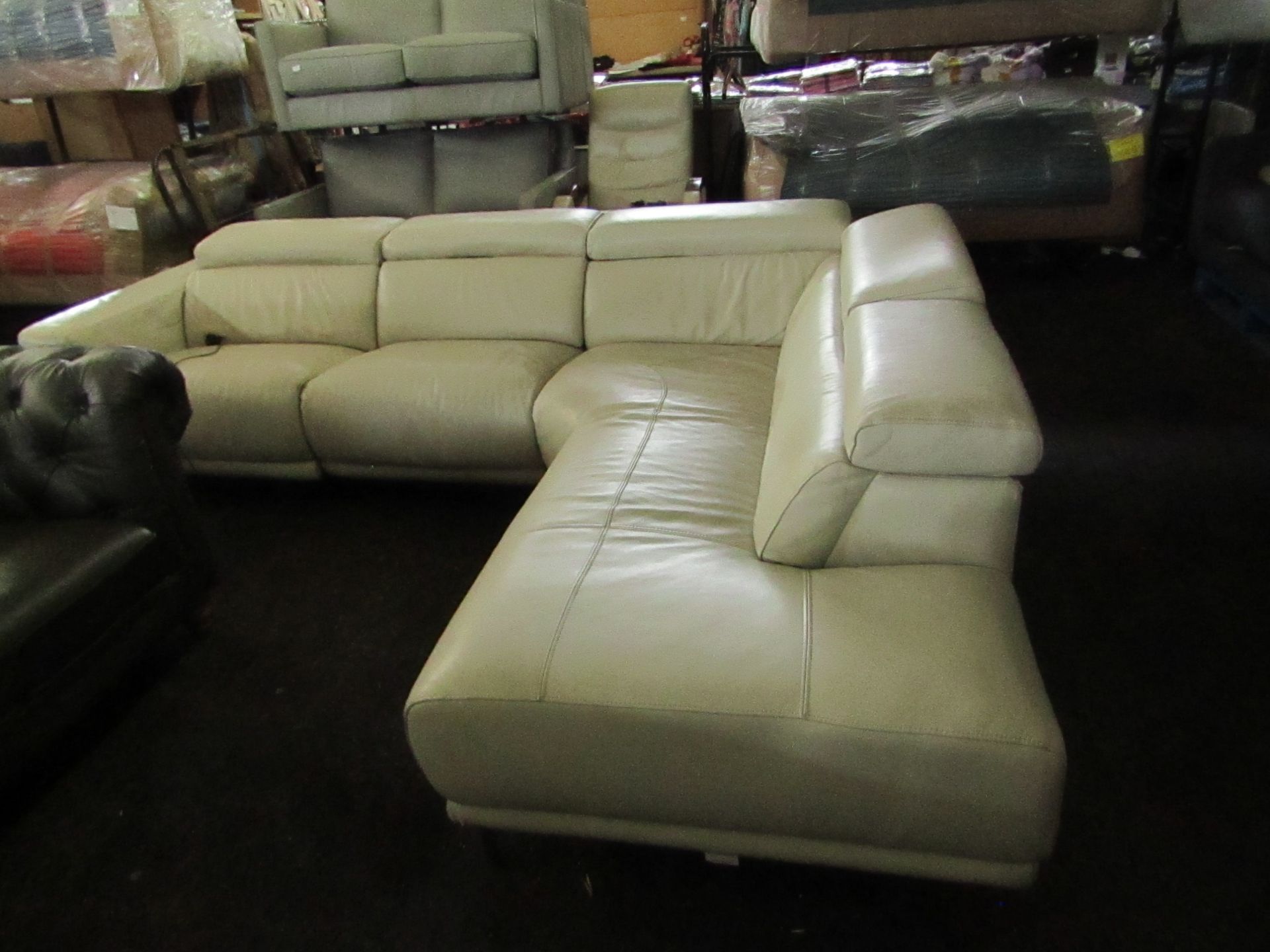 Costco Italian Cream Leather Powered Headrest Recliner Sectional Sofa - Item Has Scuffs Marks -