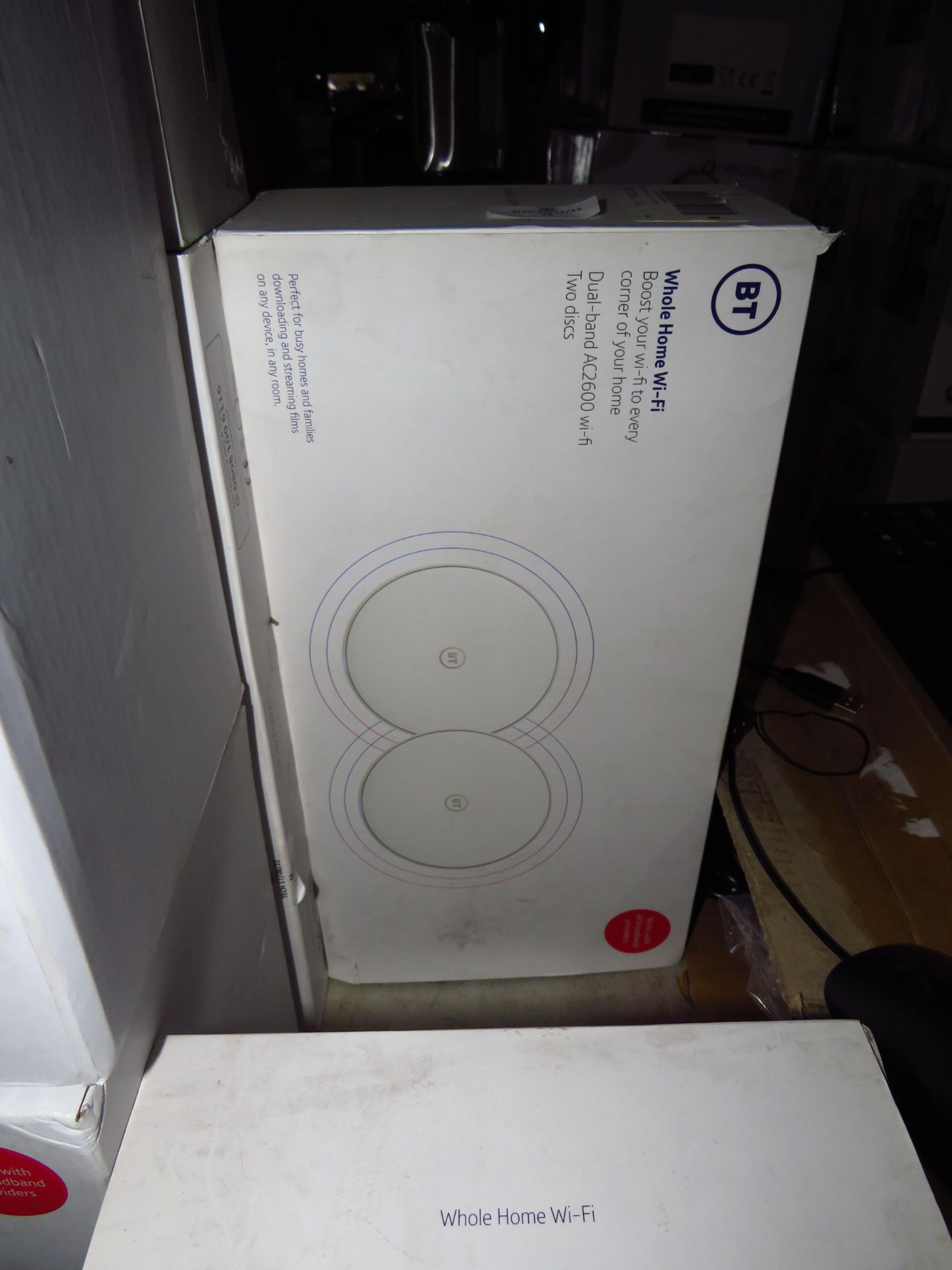 Set of 2 BT Whole Home AC2600 wifi booster discs, powers on and boxed, we havent checked any