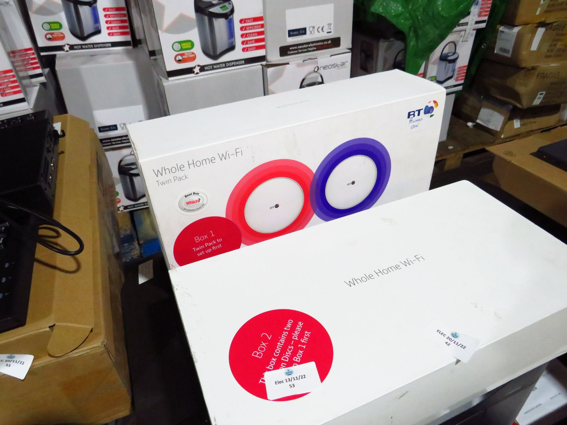 Bt whiole home wifi 4 disc set (comes in 2 boxes) both sets power on but we havent checked them