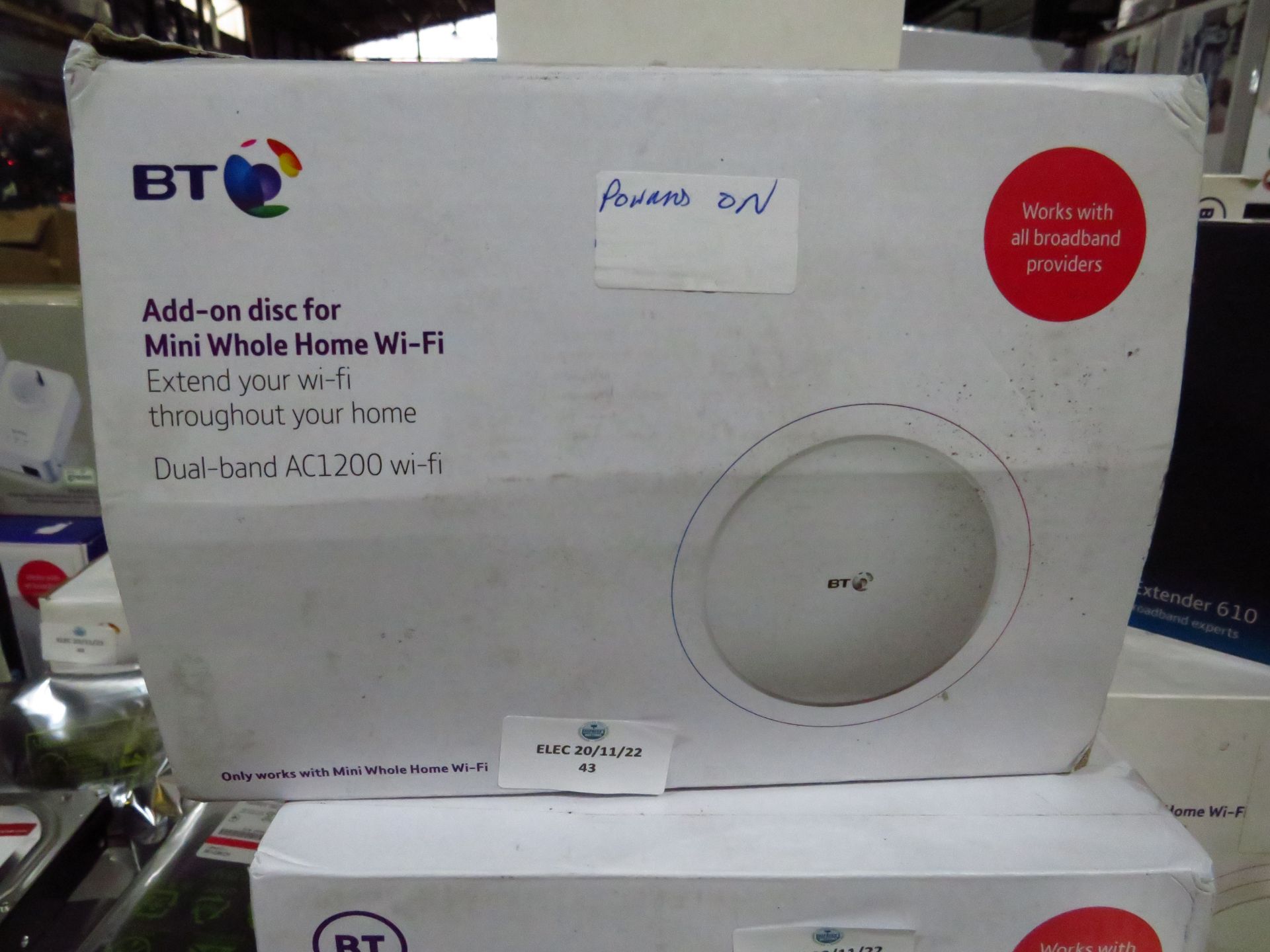 BT AC1200 Mini Whole home wifi add on disc, boxed and powers on but we havent checked it any