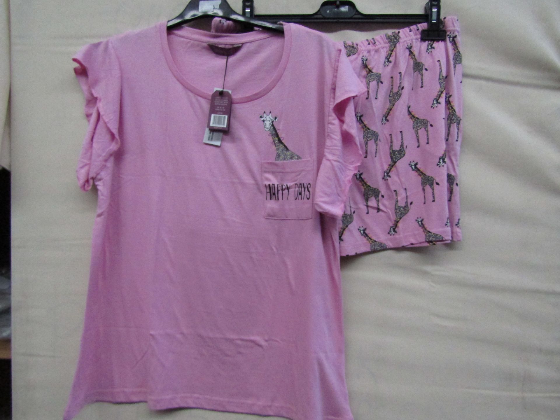 Foxbury Ladies Pocket Detailed Pyjama Short Set With Ruffle Short Sleeve Pink Size 16-18 New &