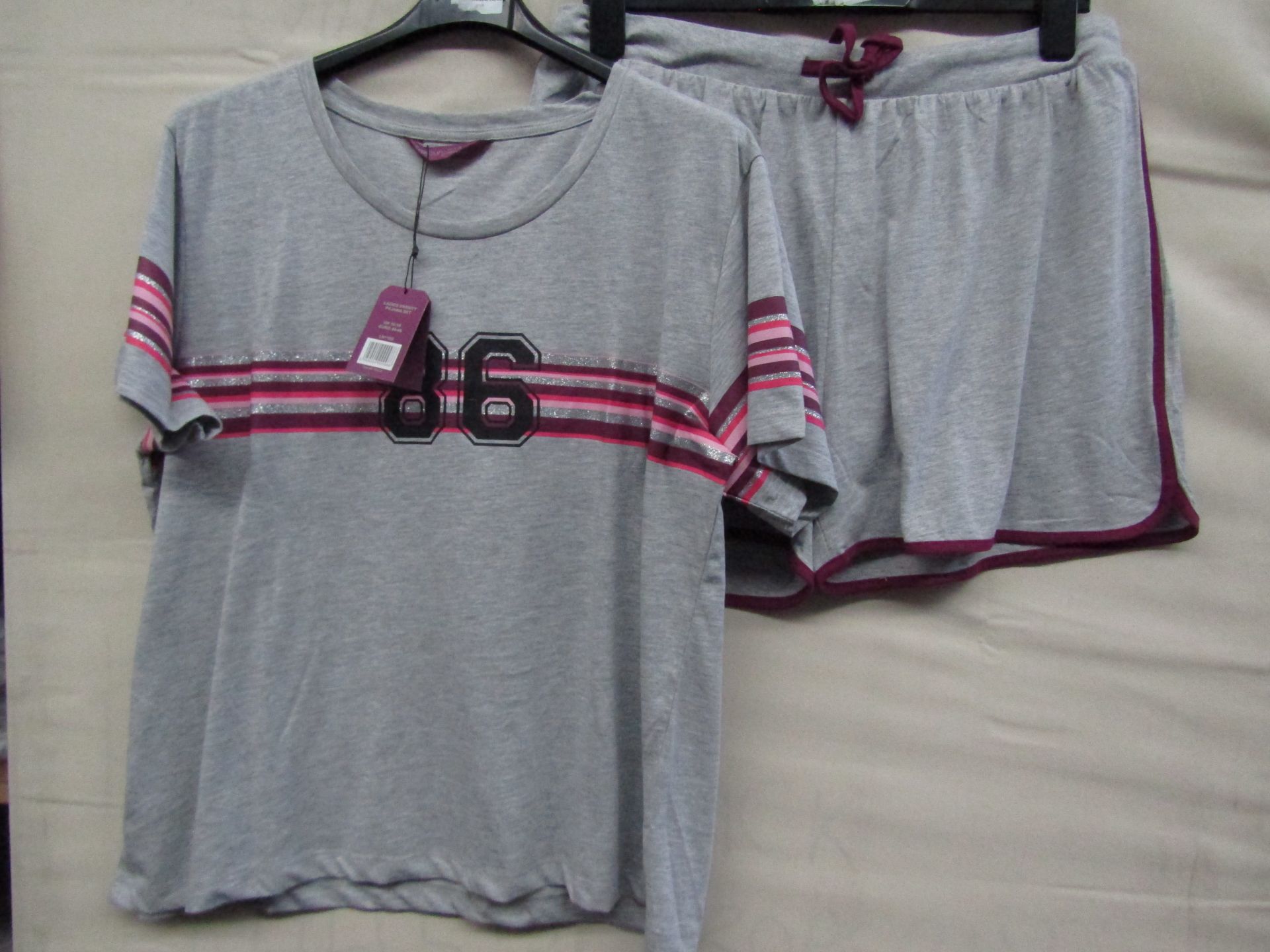 Foxbury Ladies Varsity Pyjama Short Set Grey/Pink/Black Size 20-22 New & Packaged