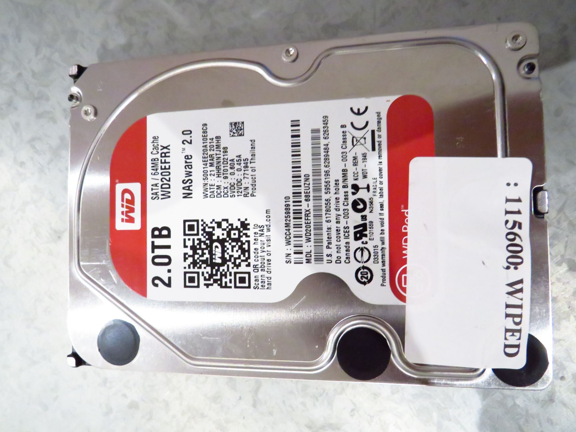 Western Digital WD20EFRX 2TB hard drive, unchecked but has been professionally wiped
