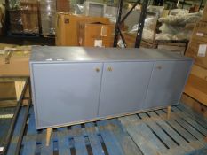 Blue 3 door sideboard, has a broken foot