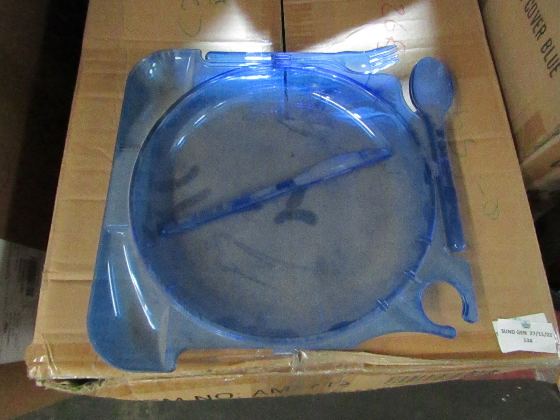 1x Box Containing Approx 54x Disposable Blue Cater Plates - All Unused & Boxed.