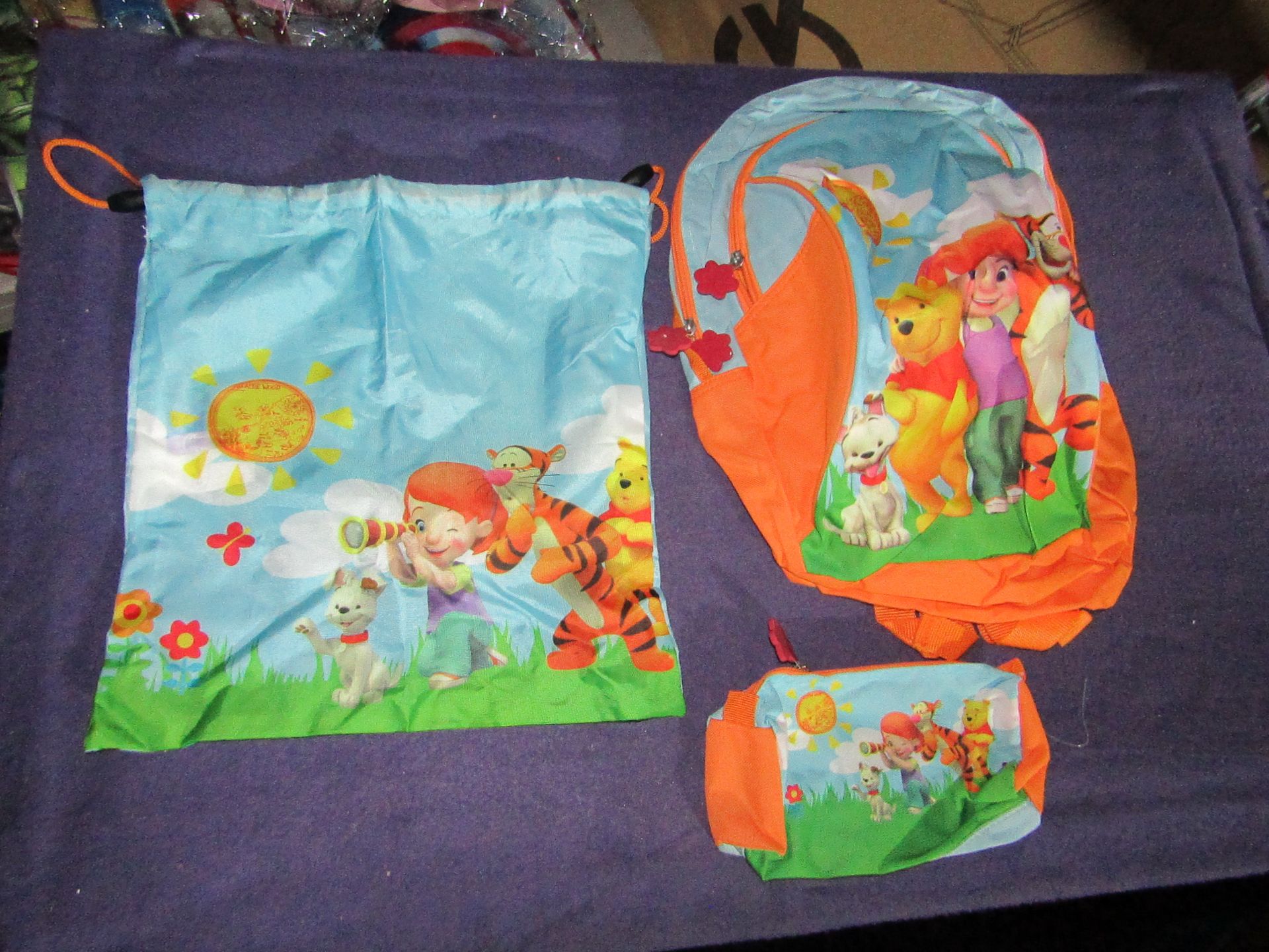 Winnie The Pooh - 3-Piece Bag Set ( Backpack, String Bag, Stationary Case ) - New & Packaged.