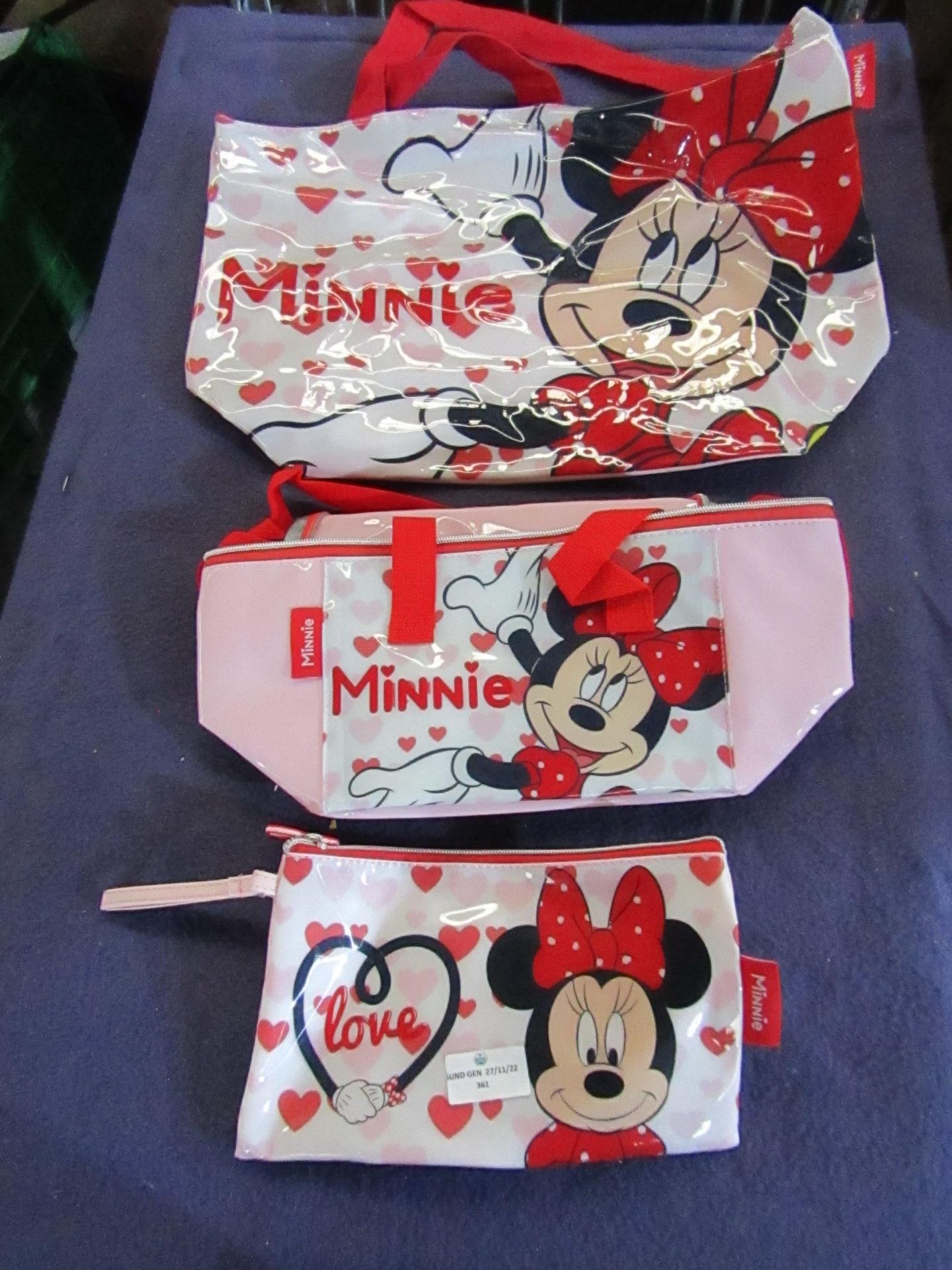 Miniie Mouse - 3-Piece Bag Set ( 1x Stationary Case 1x Lunch Bag 1x Shopper Bag ) - No Packaging.