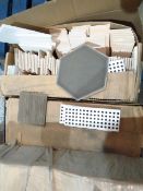 8x Boxes of tiles comprsing of 3 different stlyes which include Hexagonal, small squares and small