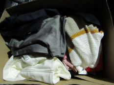 Box Containing Approx 30 Items of Clothing All Unworn Jumpers Pants Blouses T/Shirts Cardigans