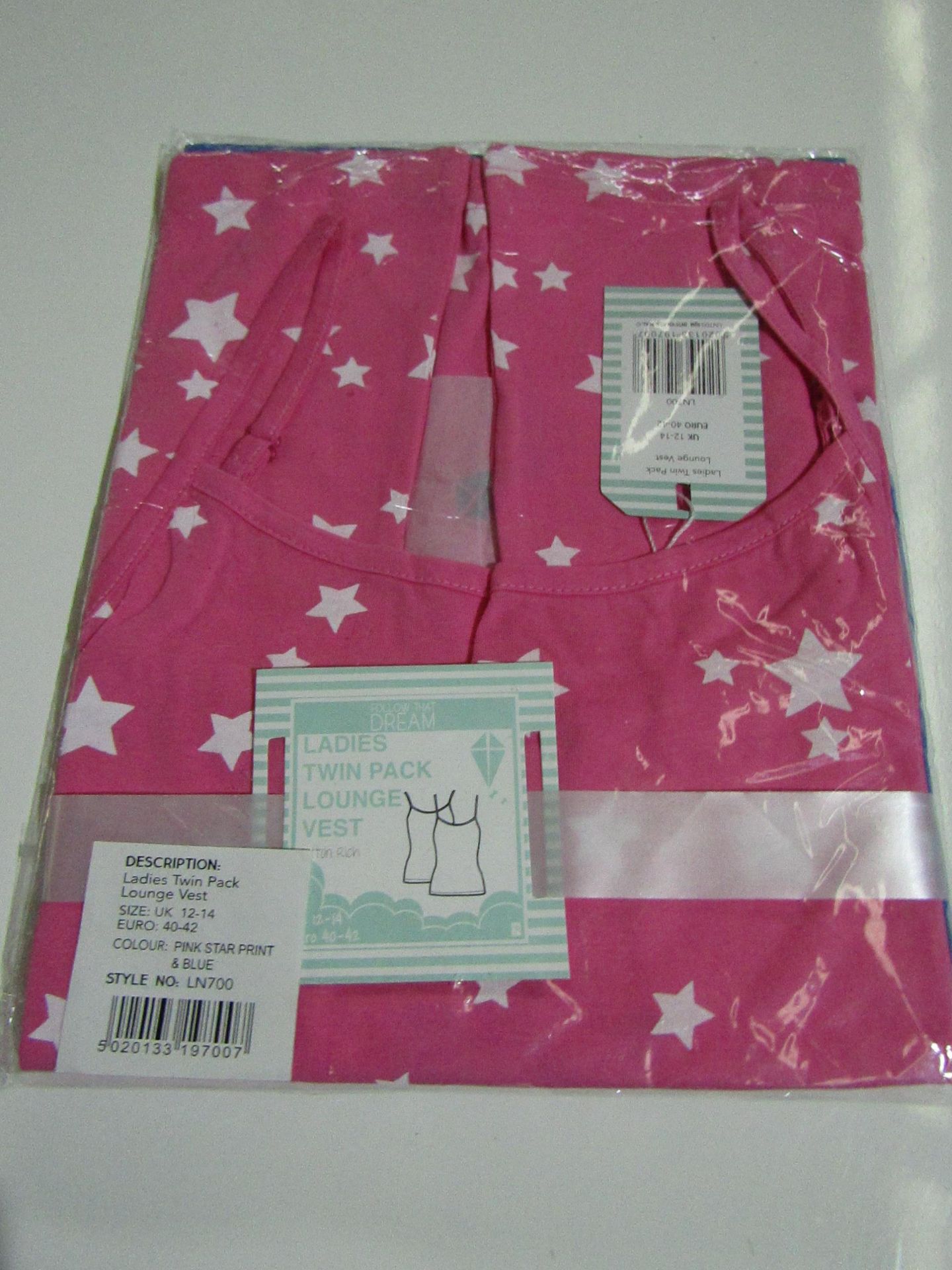 Ladies Twin Pack Lounge Vests Size 12-14 Pink/Purple With White Stars New & Packaged