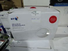 BT AC1200 Mini Whole home wifi add on disc, boxed and powers on but we havent checked it any