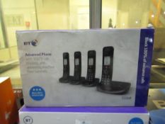 A Set of 4 BT Advanced Cordless Phones with call blocking, boxed and unchecked