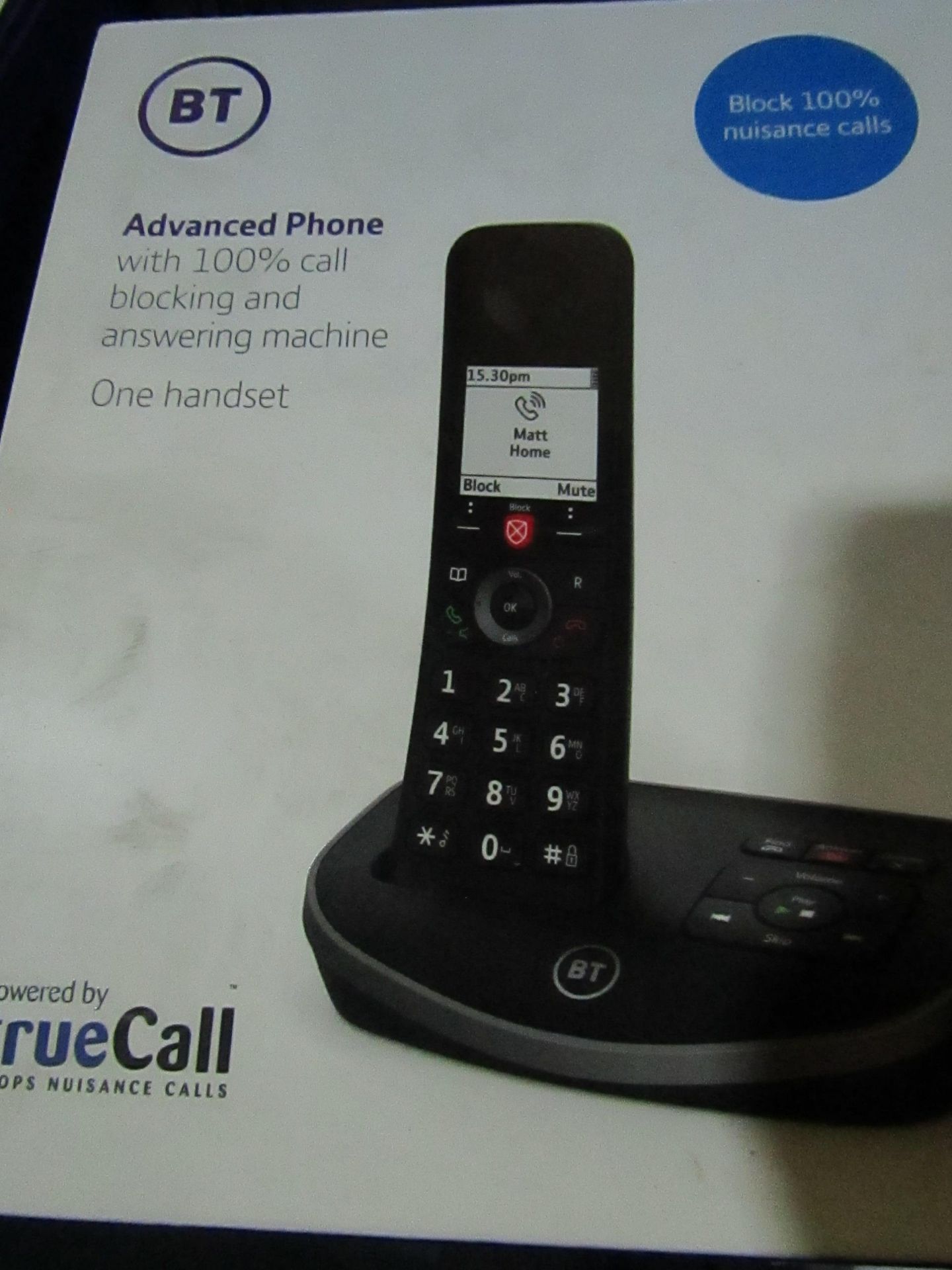 BT Advance cordless home phone with answer machine and call blocking feature, unchecked but