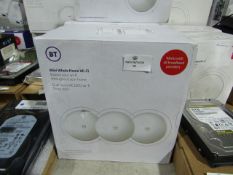 BT Mini Whole Home Wifi 3 disc set, dual band AC1200, the disc power on but we havent tested them