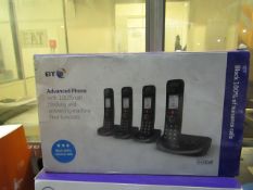 A Set of 4 BT Advanced Cordless Phones with call blocking, boxed and unchecked