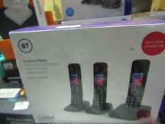 Set of 3 BT Premium Phones with call blocker, unchecked but complete in original box
