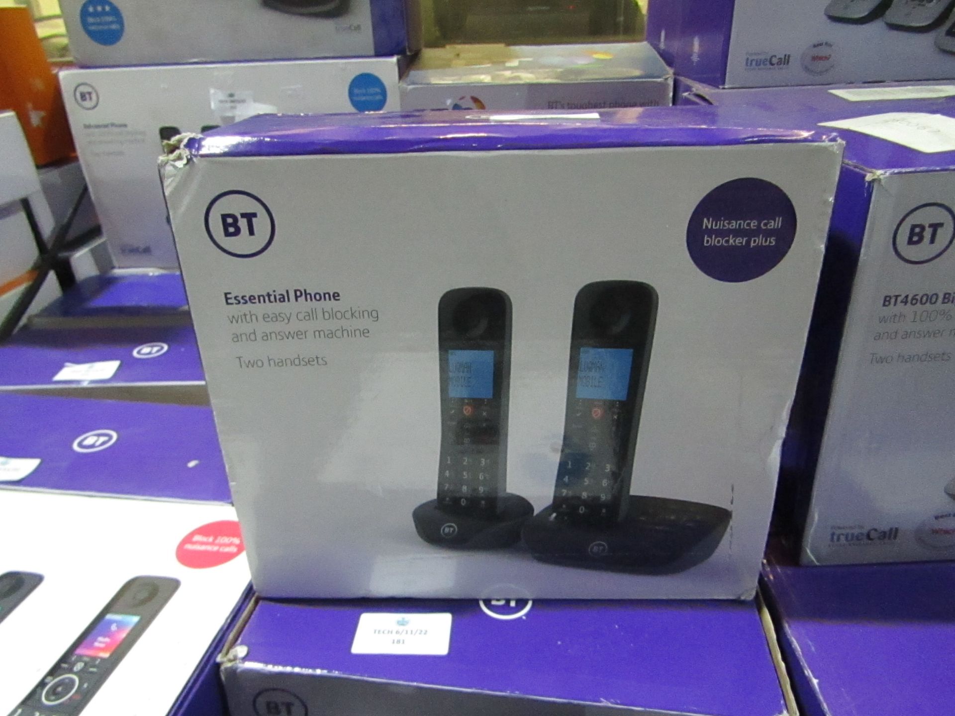 BT Essential Two Handsets with easy call blocking and Answering Machine untested and boxed.