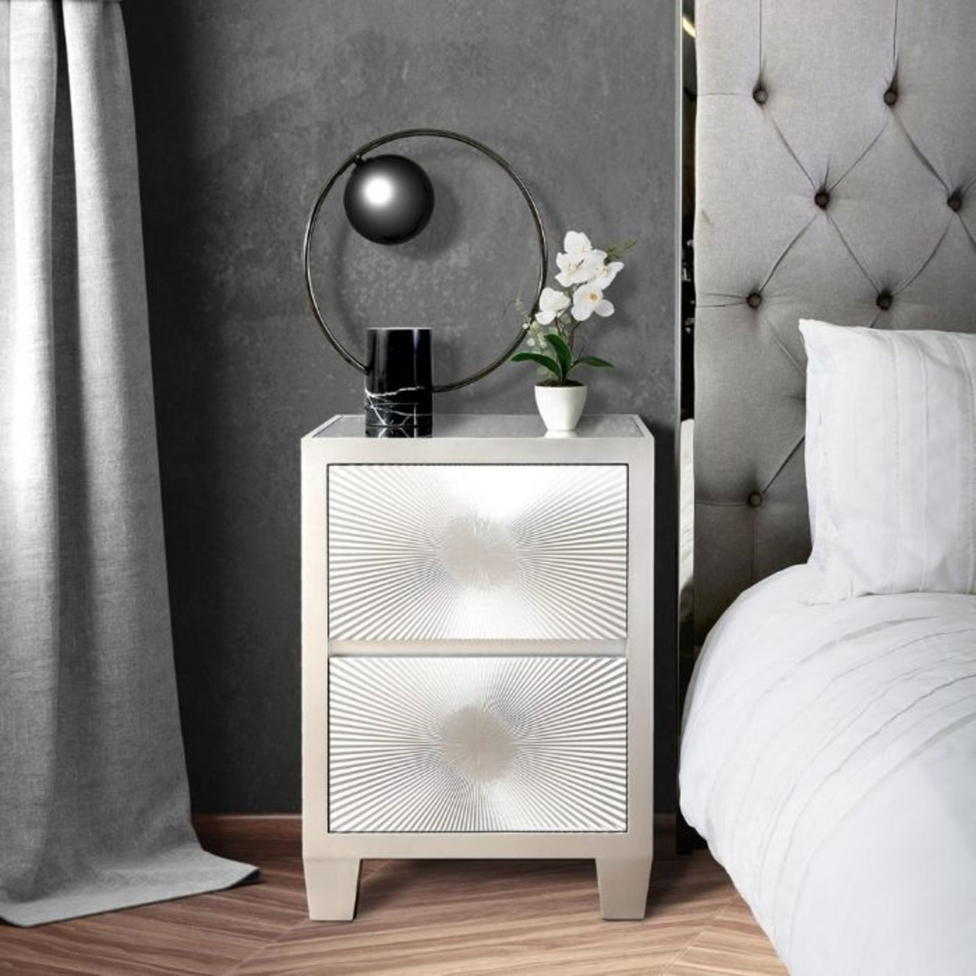 Rowen Group Henley Silver Sunburst Two Drawer Bedside Table - RRP £254 SKU ROW-APG-WF268-00-SV-BC59 - Image 7 of 12