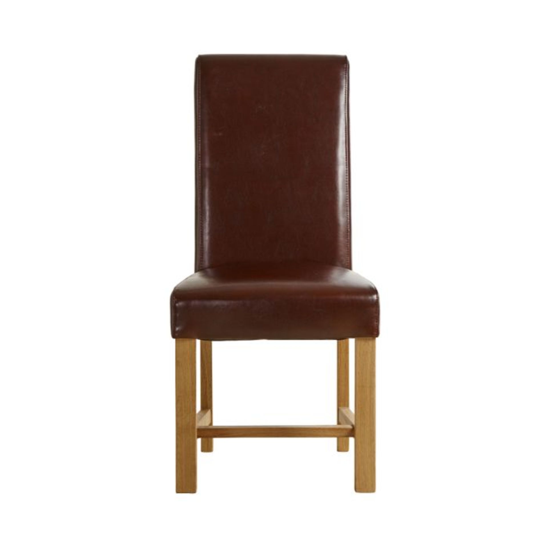 Oak Furnitureland Pair of Braced Scroll Back Chair in Brown Bicast Leather with Solid Oak Legs - Image 2 of 4