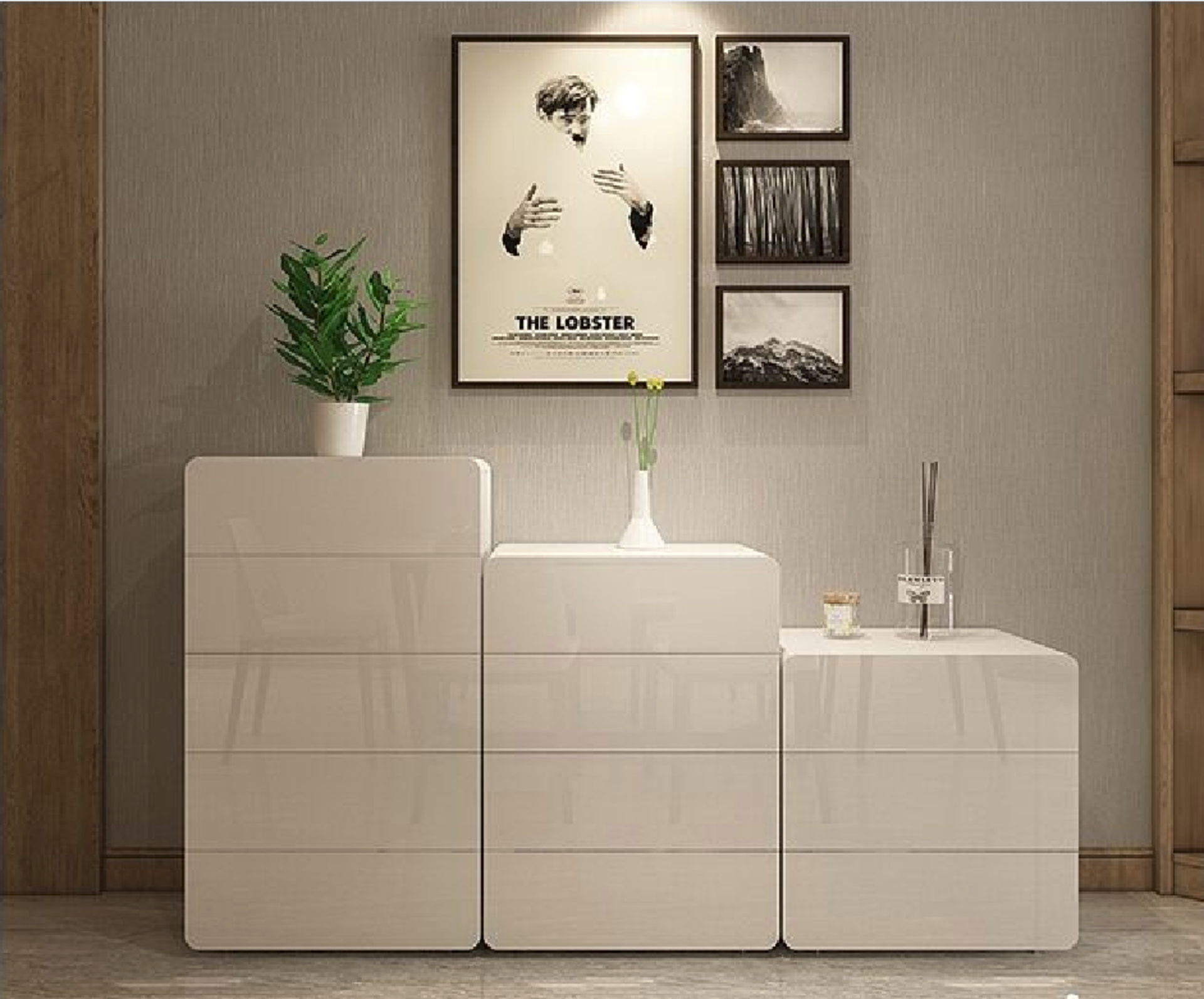 Chest of 4 drawers Curved Edge, new stock, High Gloss Front, Top , left and right Sides, Height: