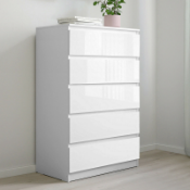 Chest of 5 drawers  White, new stock, High Gloss Front, Top , left and right Sides, Height: 96 cm,