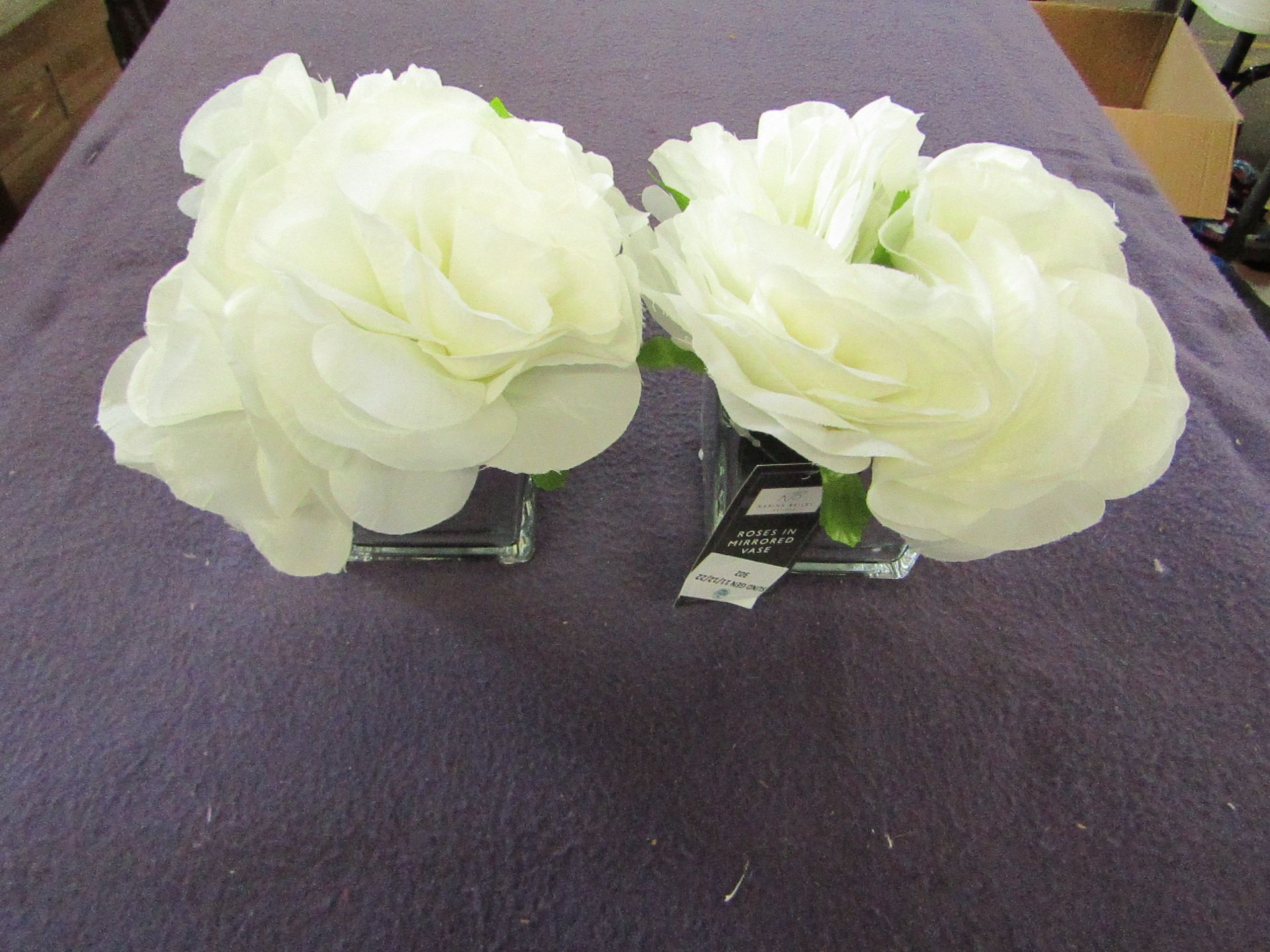 2x Karina Bailey - White Roses In Mirror Vase - Unused, No Packaging.