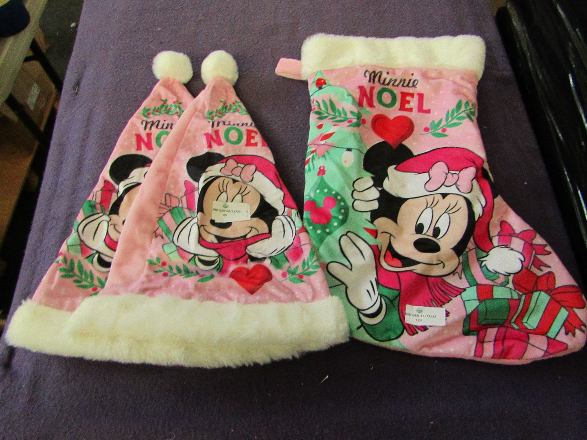 Minnie Mouse - Set of 2 Christmas Hats - Good Condition. 1X Minnie Mouse - Christmas Stocking - Good