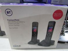 BT Essential Two Handsets with easy call blocking and Answering Machine untested and boxed.