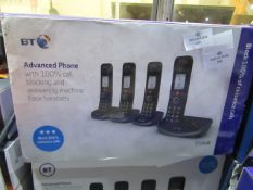 A Set of 4 BT Advanced Cordless Phones with call blocking, boxed and unchecked