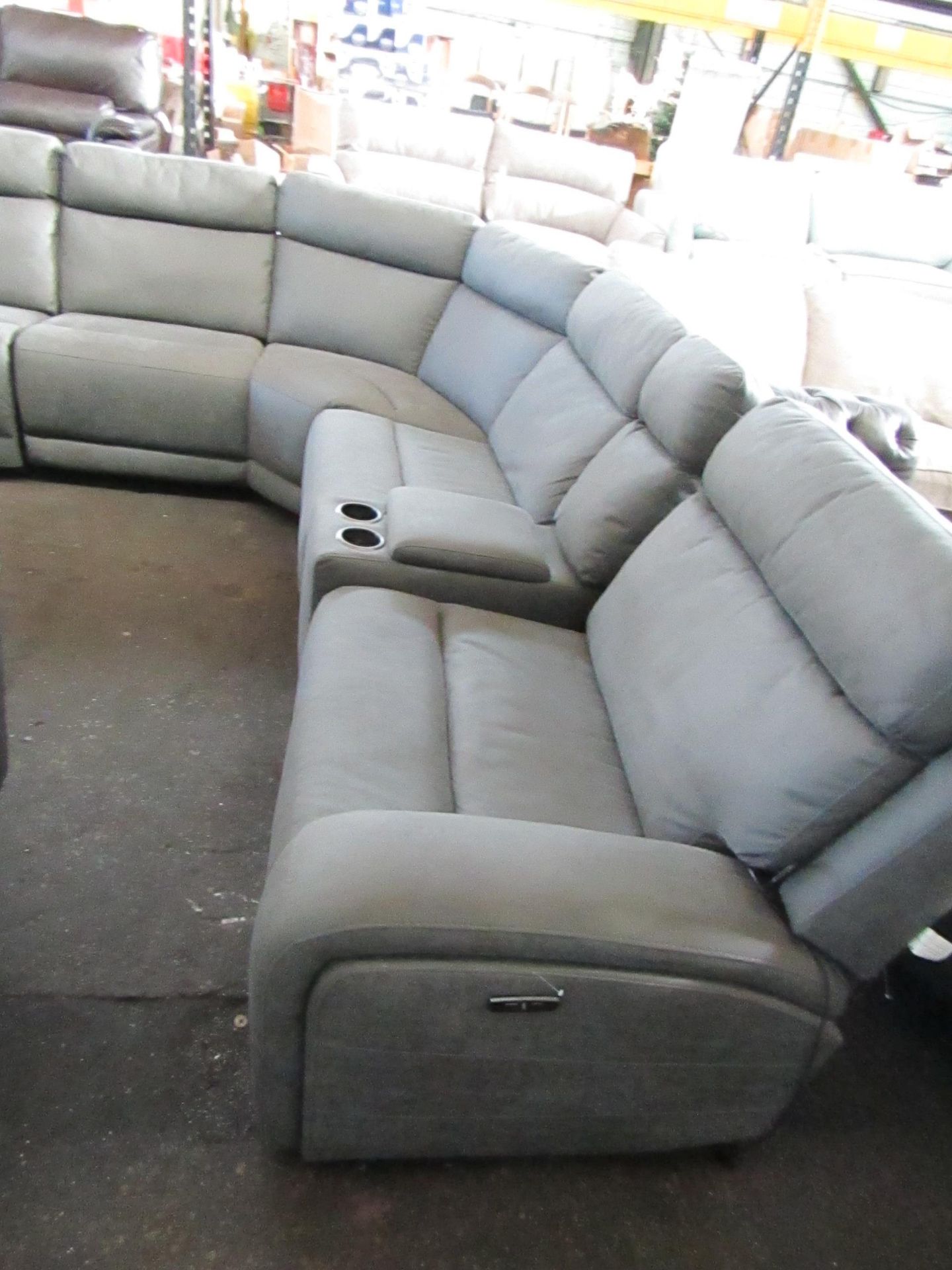 Costco Power reclining fabric cinema sofa with USB charging points, 3 pin plug charger, cup - Image 2 of 4